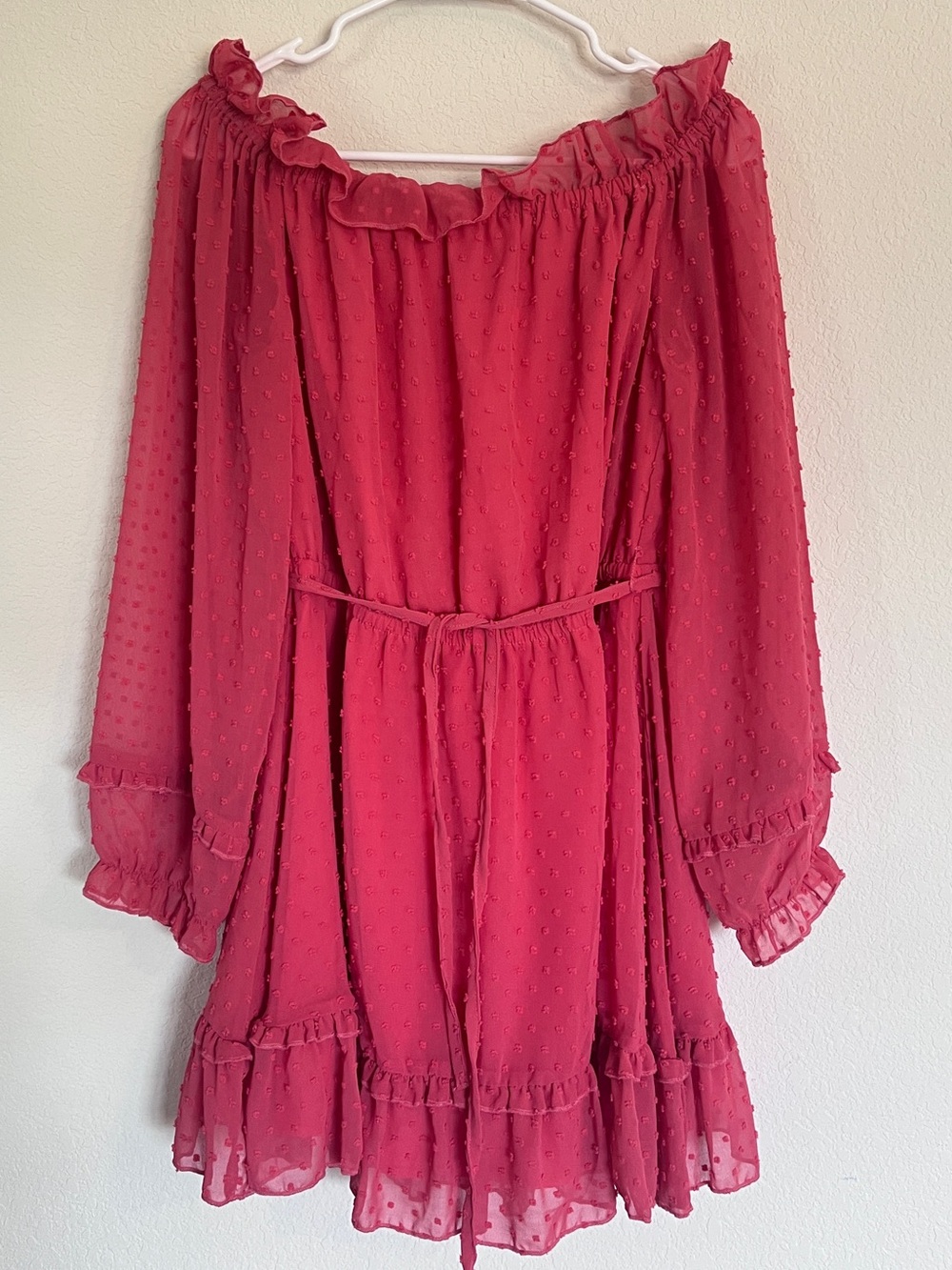 NWT Women's Heimish Swiss Dot Ruffle Off-Shoulder Coral Dress, Size L